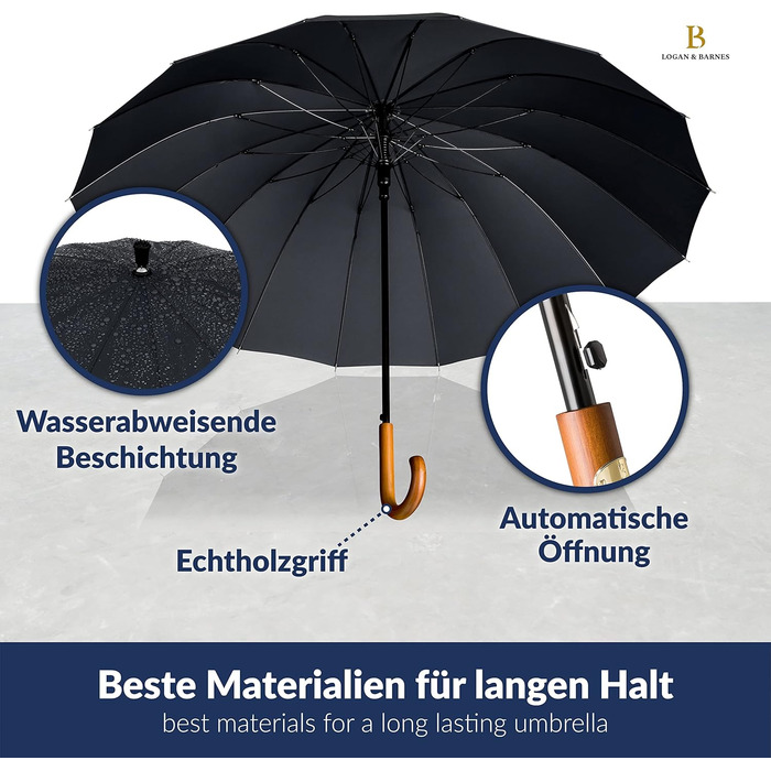 Edinburgh Windproof Umbrella - Large 16-Rib Black Umbrella with Wooden Handle & Silent Tip - LOGAN & BARNES