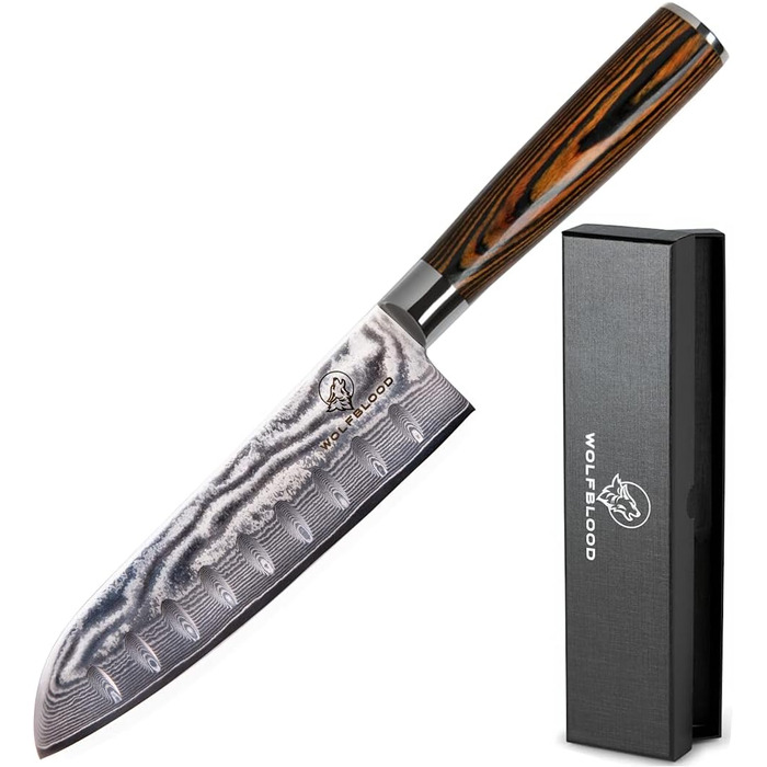 Професійний кухонний ніж Santoku Wolfblood XL 30 см з 67-шарової дамаської сталі, дерев'яна ручка, подарункова коробка та чохол для леза