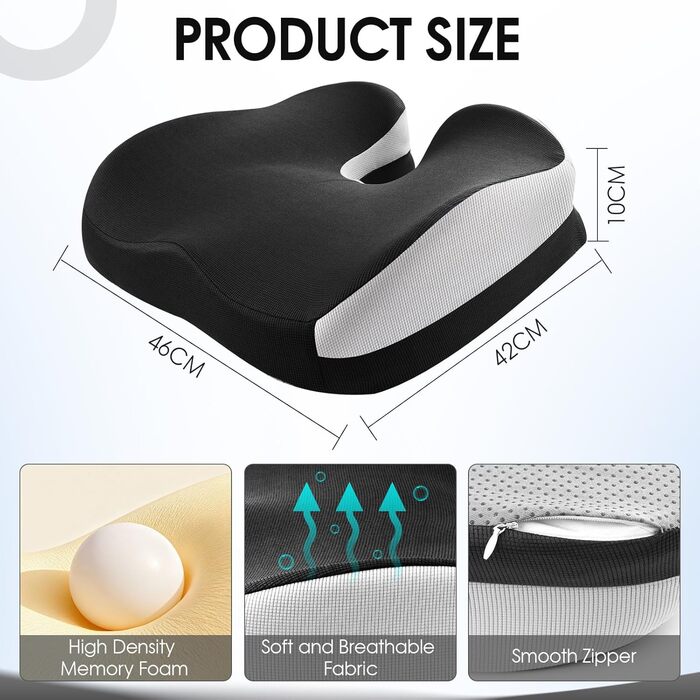 Ортопедична подушка для сидіння з піни Memory Foam: для офісного крісла, авто, інвалідного візка. Чорний дихаючий чохол