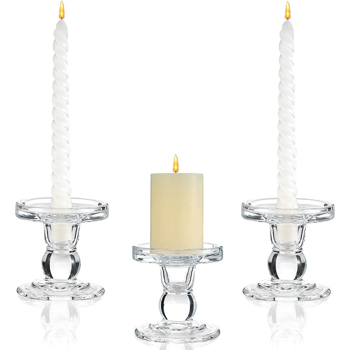 Glass Candle Holders for Pillar Candles/Taper Candles, Decorative Candle Stands, Set of 3, for Formal Events, Wedding, Church, Holiday Decorations, Table Decorations