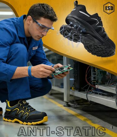 Черевики безпеки чоловічі/жіночі ESD Antistatisch SR, неслизькі робочі черевики з металевим підноском, легкі, дихаючі, комфортні, широка колодка, для промисловості та виробництва, 43 EU, чорні