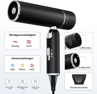 Фен для волосся 7MAGIC з концентратором, компактний туристичний, 1600W, захист від перегріву, іонізація 300 млн., для всіх типів волосся, зелено-чорний