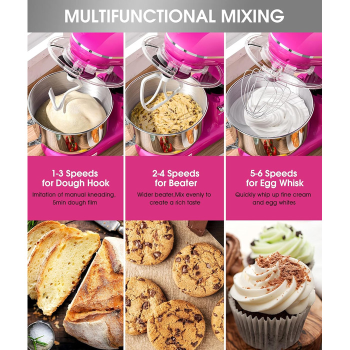 Кухонна машина Facelle 1500W з нержавіючою чашею 6.2L, 6 швидкостей, з міксером, гаком для тіста та вінчиком, захистом від бризок (фіолетова)