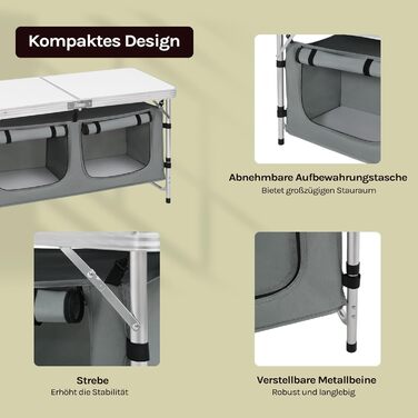 Складний алюмінієвий кемпінговий стіл WOLTU з регульованою висотою та полицями для зберігання, білий+сірий - для пікніка, пляжу, саду
