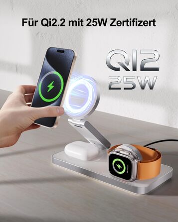 Бездротова зарядна станція 3-в-1 з Qi2.2 25W для Apple Watch та iPhone (Magsafe) + адаптер 35W (Біла)