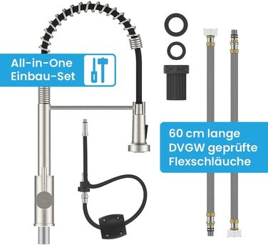 Кухонний змішувач Bächlein Nedo – поворотний на 360 градусів, з нержавіючої сталі, з гнуким гусаком та висувною лійкою, для кухні