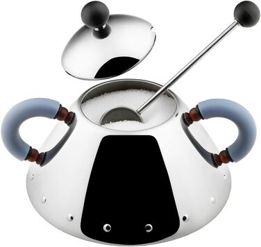 Цукорниця з ложкою Alessi з нержавіючої сталі, з блакитною ручкою і чорною кнопкою, 6.5x10.5x2 см