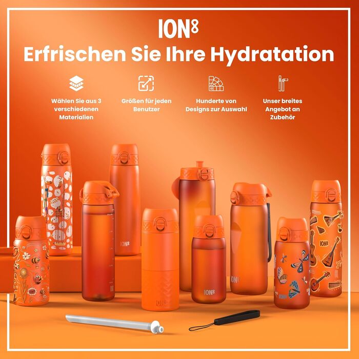 Ion8 Stainless Steel Water Bottle, 600 ml, Leak-Proof, One-Handed Opening, Secure Locking Mechanism, Dishwasher Safe, Flip-Top Lid, Carrying Handle, Easy to Clean, Durable & Scratch-Resistant (Stainless Steel, Orange)