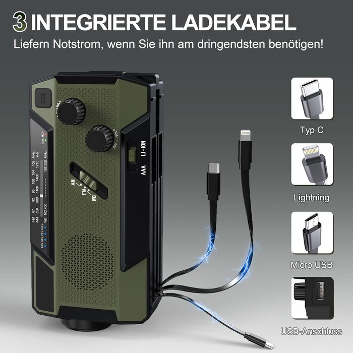Радіо-кринка Notfall Weltempfänger 4000 mAh (14800 mWh) з 3 кабелями. Радіо для надзвичайних ситуацій з ручкою та сонячною панеллю, живлення від акумулятора, AM/FM/WB, SOS-сигнал, ліхтарик для надзвичайного спорядження Green