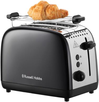 Тостер Russell Hobbs Colours Plus на 2 тости, нержавіюча сталь, чорний, з широкими відділеннями, підставкою для булочок, 6 режимів підсмажування, функцією розморожування, Lift & Look, 1600 Вт (26550-56)