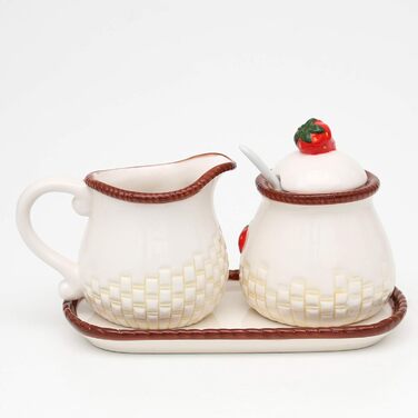 Dolomite sugar bowl with spoon, milk jug, and plate as a 3-piece set, with strawberry relief, size approx. 19 x 10.5 cm, 12