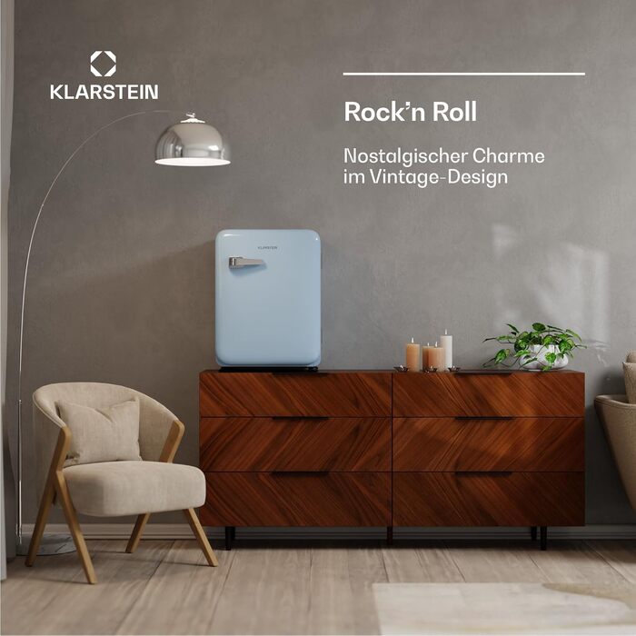 Холодильник Klarstein Audrey Evo 68L ретро блакитний: компактний міні-холодильник з реверсивною дверцятами та регульованими ніжками, 40 дБ, клас енергоефективності E