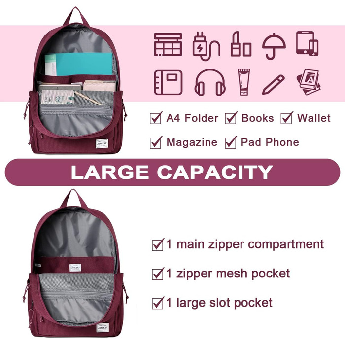 Шкільний рюкзак RAVUO для підлітків, легкий рюкзак для дівчат, денний рюкзак, повсякденна шкільна сумка для університету, школи, подорожей, роботи, бургундський, червоний