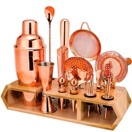 Набір для коктейлів Hansum, 18 предметів, нержавіюча сталь, рожеве золото, з дерев'яною підставкою для бармена