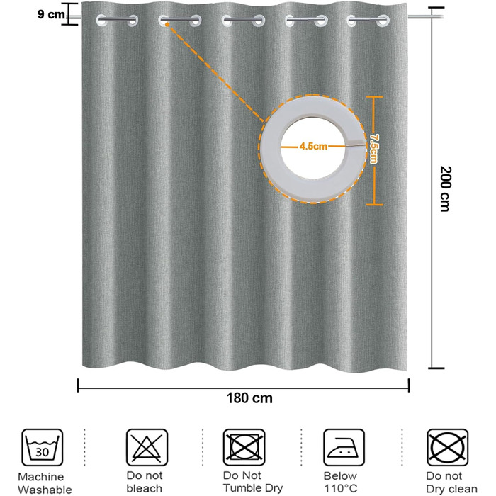 Штора для душу YISURE без гачків, льон, 120x200 см, сіра. Водовідштовхувальна тканина, машинне прання