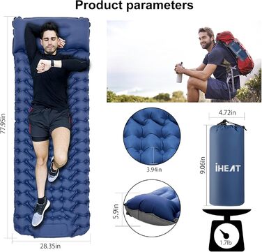 iHEAT Self-Inflating Camping Sleeping Pad with Foot Pump, Ultralight Air Mattress with Pillow, Waterproof Compact Sleeping Mat for Outdoor, Hiking, Backpacking, Camping, Beach - New Gery