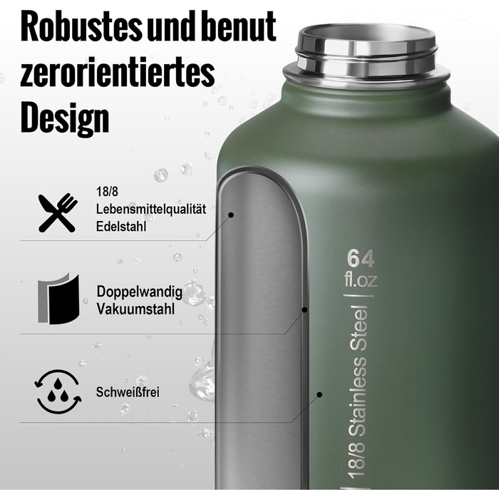 OneTigris Stainless Steel Water Bottle, 1.9L High Capacity, Insulated Sports Bottle for Bicycle, Camping, Yoga, Gym, Softair, OD Green, 64oz