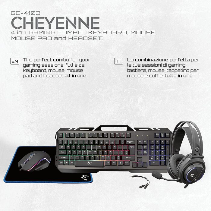 Ігровий набір White Shark Cheyenne 4-в-1: миша з LED-підсвічуванням, клавіатура з Anti-Ghosting, гарнітура з мікрофоном та килимок для миші, чорний