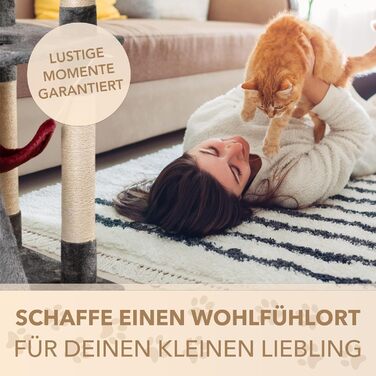 Кігтеточка для котів Foxdevil від xonic® - стабільна, багатофункціональна з платформою, гамаком, будиночком, іграшкою та сходами (141 см, сірий/червоний)