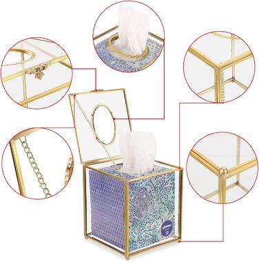 SUMNACON Glass Face Tissue Box Clear Gold Paper Box Holder, Square Napkin Box Storage Tissue Paper Box Organizer, Decorative Cube Tissue Box for Face Tissues, Napkin
