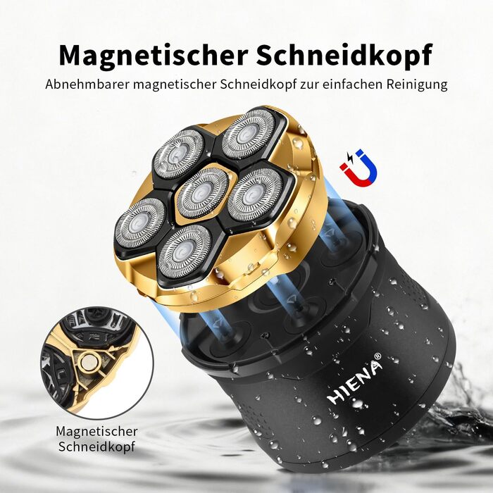 HIENA PRO Машинка для гоління голови чоловіча 6D магнітна, водонепроникна, з підзарядкою Type-C та LED-дисплеєм (Золотий)