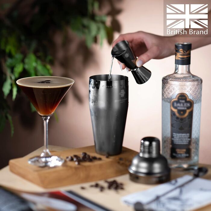Rusty Barrel Knightsbridge Cocktail Set – Black Stainless Steel Shaker, Wooden Muddler, Bar Strainer, Jigger, Pourer, Coasters, Spoon & Recipe Booklet | Cocktail Accessories in a Luxurious Gift Box