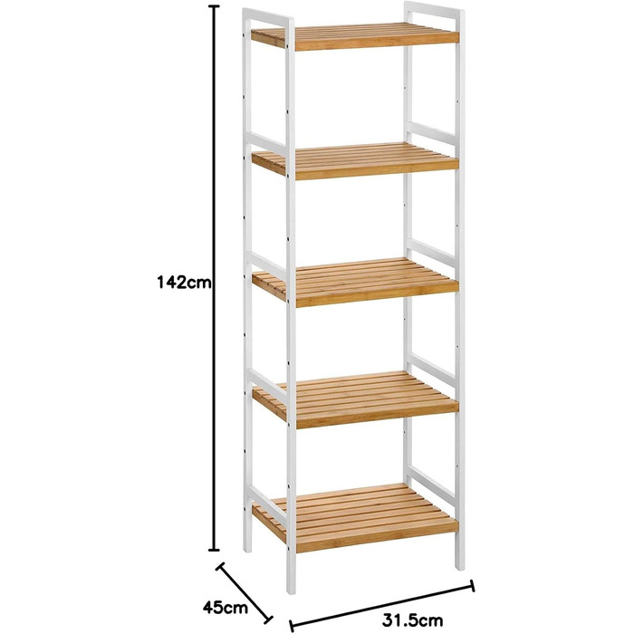 SONGMICS Bamboo Shelf, Kitchen Shelf, Bathroom Shelf, Bookshelf, Freestanding Shelf with 4 Shelves, 45 x 31.5 x 111 cm, for Bathroom, Kitchen, Living Room, Bedroom, Balcony, Natural White-Colored BCB74WN (5 Shelves (142H cm))