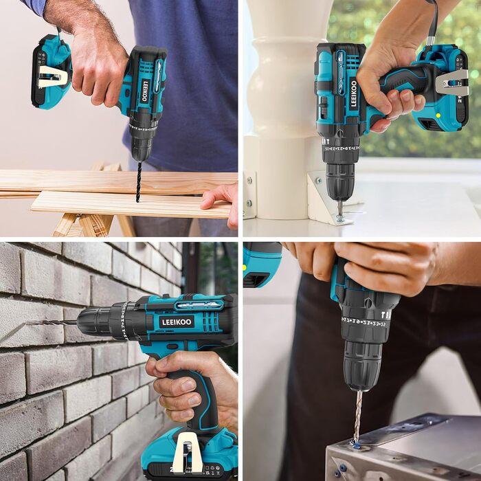 Акумуляторний шуруповерт LEEIKOO 21V з акумулятором 2.0Ah, 42N.m, 10мм патрон, 2 швидкості, 18+1 момент, 20шт аксесуарів, LED, сірий