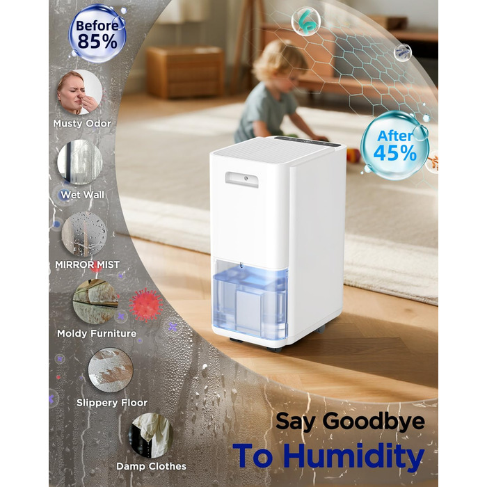 EasyAcc Електричний осушувач повітря 1200мл, 18л/день, тихий, портативний, з автовимкненням та режимом сну для дому та офісу (білий)