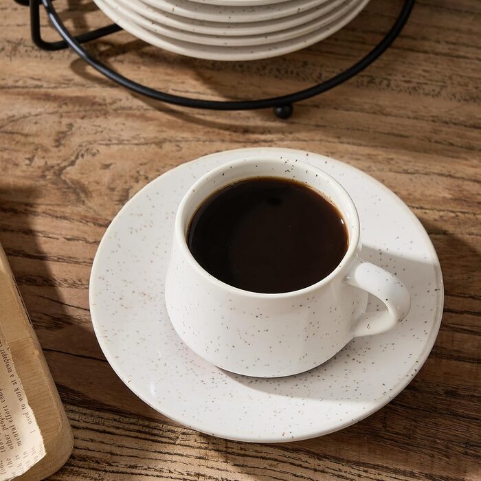 Набір керамічних чашок та підставок для кави з металевим стійкою (6 шт., 130 мл) - Cappuccino, Espresso, Latte, Americano, Чорний колір