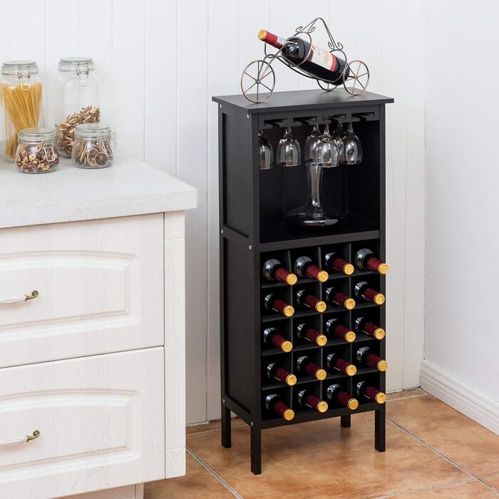 RELAX4LIFE Wine Rack Pine Wood, Wine Cabinet with Wine Glass Holder, Wine Holder for 20 Bottles, Wine Stand for Kitchen, Bottle Shelf for Wine & Drinks, Large Storage 42 x 24.5 x 96 cm (Black)