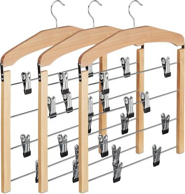 Relaxdays Wooden Trouser Hangers, 3-Piece Set, 360° Swivel Hook, Non-Slip Clothes Hangers, HBT: 45.5x39x2.5 cm, Natural, Pack of 3