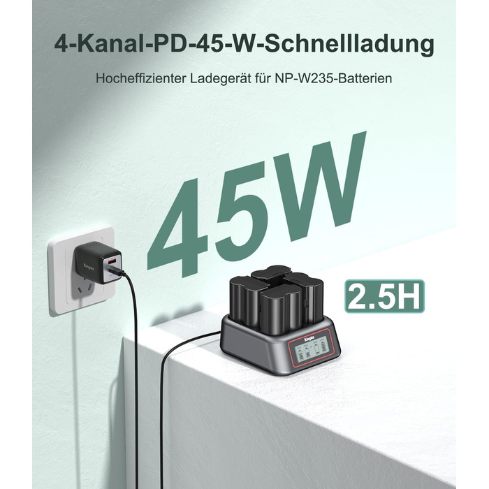 Зарядний пристрій King Ma для акумуляторів камер, 4-канальний, 45W PD, LED-дисплей, сумісний з Sony A7III/A7IV/A7RIII/A7RV/A7C/A7CII/A6700/A9/A9III/A1/ZV-E1/FX3/FX30 (NP-W235)