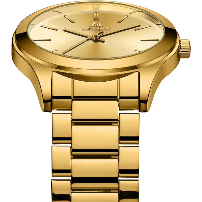 Годинник чоловічий LENQIN з нержавіючої сталі, аналоговий кварцовий годинник, водостійкий (30м), для бізнесу та повсякденного носіння, колір: золото