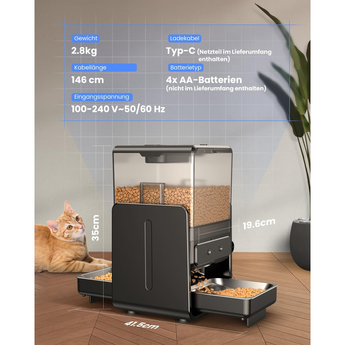 Автомат годування котів з App-керуванням, для 2 котів, регульована висота, 2 миски, 5-літровий бункер, з функцією запису голосу, таймер, WiFi