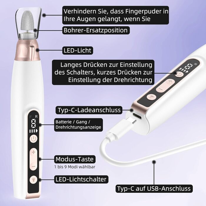 Електричний набір для манікюру та педикюру Nagelfräser: 11 насадок, 9 швидкостей, до 10000 об/хв