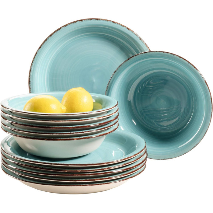 MÄSER Bel Tempo II Dinnerware Set for 6 People with a Modern Vintage Look, 12-Piece Tableware Service, Hand-Painted, Turquoise, Stoneware, 27 centimeters