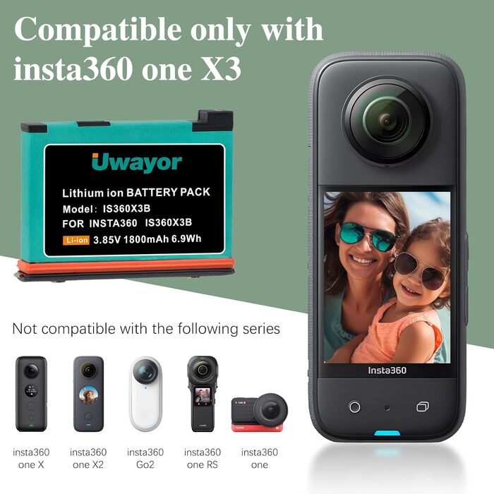 Запасний акумулятор Uwayor для Insta360 X3, 3-канальне USB-зарядне пристрій, сумісний з камерою Insta360 One X3