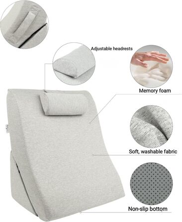 Подушка для спини Lesekissen з регульованою підголовником, з піною з пам'яті, знімний чохол, дихаюча та неслизька, з ручкою - трикутна для спини, шиї та ніг - 60 x 50 x 30 см