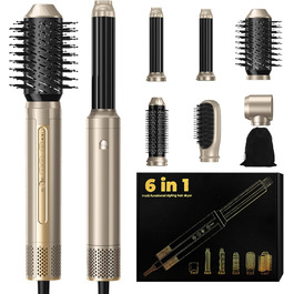 Набір для укладки волосся 6 в 1: стайлер, фен-щітка, плойка, термощітка, випрямляч, 110000 об/хв, для всіх типів волосся, золото