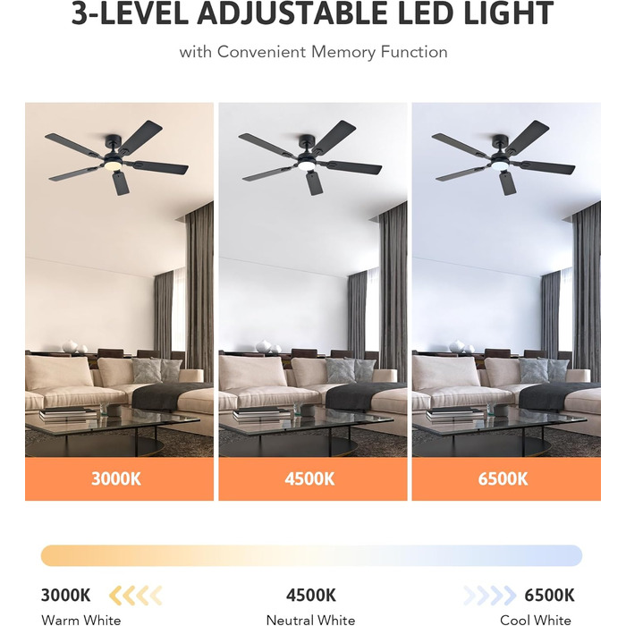 Стельовий вентилятор CO-Z з підсвічуванням 132 см LED, 5 лопатей ABS/дерево, пульт ДУ, DC-мотор, для приміщень та терас