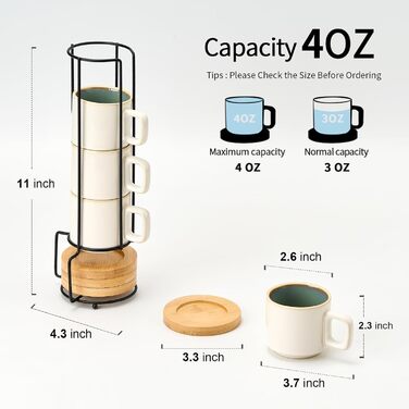 Набір чашок еспресо LUKA з блюдцем та металевою підставкою (4 шт.) - 100 мл, кераміка, мармуровий білий (біло-зелений)
