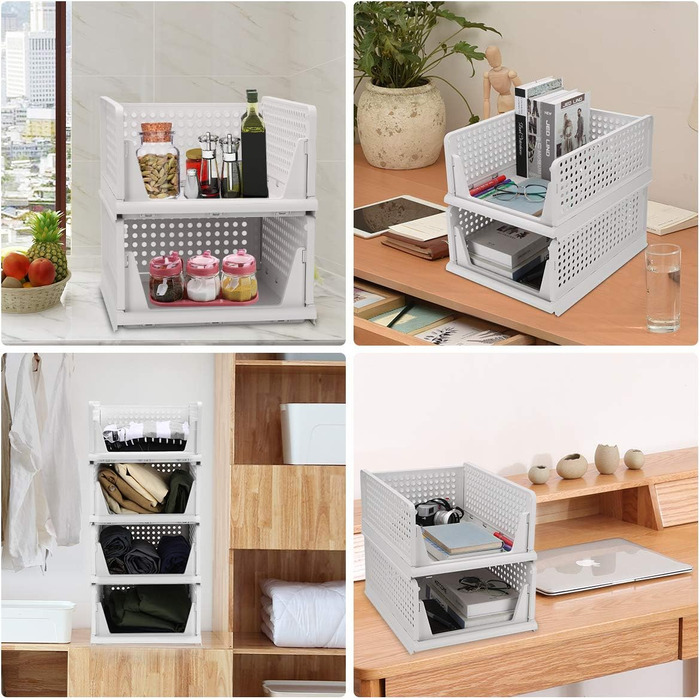 Set of 4 Stackable Folding Clothes Storage Boxes, Plastic Closet Shelves, Closet Organizer Boxes, Pull-Out Drawer-Like Design, Suitable for Home, Bedroom, Kitchen