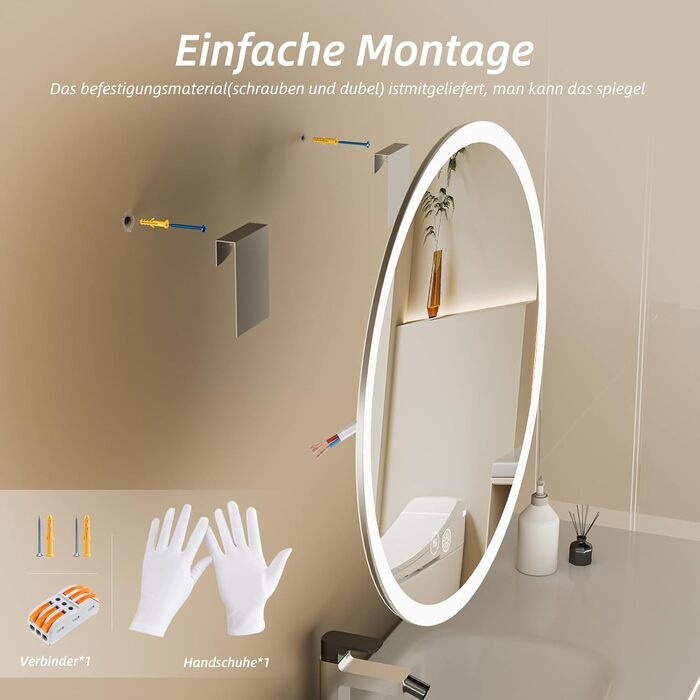 Дзеркало для ванної кімнати HySail з підсвічуванням, 5 мм, високоякісне срібне дзеркало, 3 колірні температури та регульована яскравість, настінне дзеркало з сенсорним вимикачем та антизапарюючою поверхнею, кругле (3 кольори + регулювання, 70x70 см)