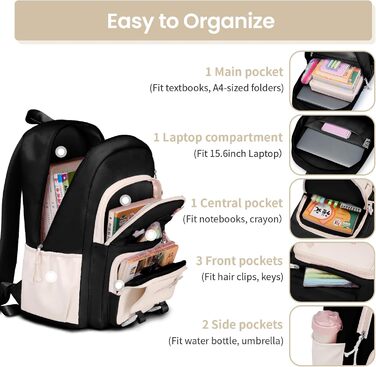 Шкільний рюкзак Tanou для дівчаток, підлітків, 3-7 клас, велика місткість, легкий нейлон, чорний