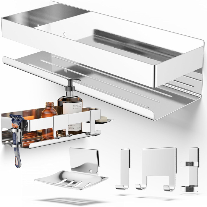 HENAL Shower Shelf SET 5 in 1, High Gloss Stainless Steel Shower Shelf No Drilling Required, Shower Shelf including Razor Holder, Squeegee Holder, Soap Dish & Hook, XXL Bathroom Organizer