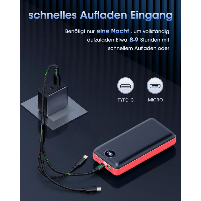 Power Bank 50000mAh з кабелем 3-в-1, 22.5W швидка зарядка, USB-C, 3 виходи, 2 входи, LED дисплей, сумісний з iPad, iPhone, Android, чорний (X-Large, червоний)