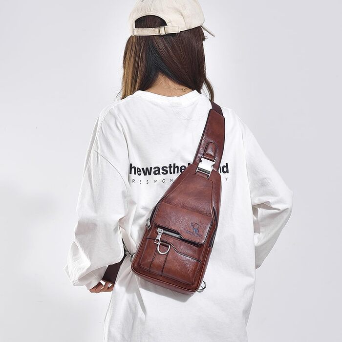 Чоловіча шкіряна нагрудна сумка-слінг, водонепроникна, для подорожей, велоспорту та кемпінгу (темно-коричнева)