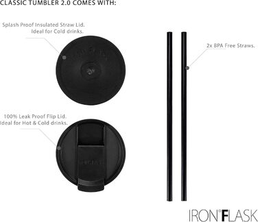 IRON °FLASK Classic Tumbler 2.0 - 2 Lids (Straw Flip), Vacuum Insulated Stainless Steel Water Bottle, Double-Walled Travel Mug - Midnight Black, 32 oz