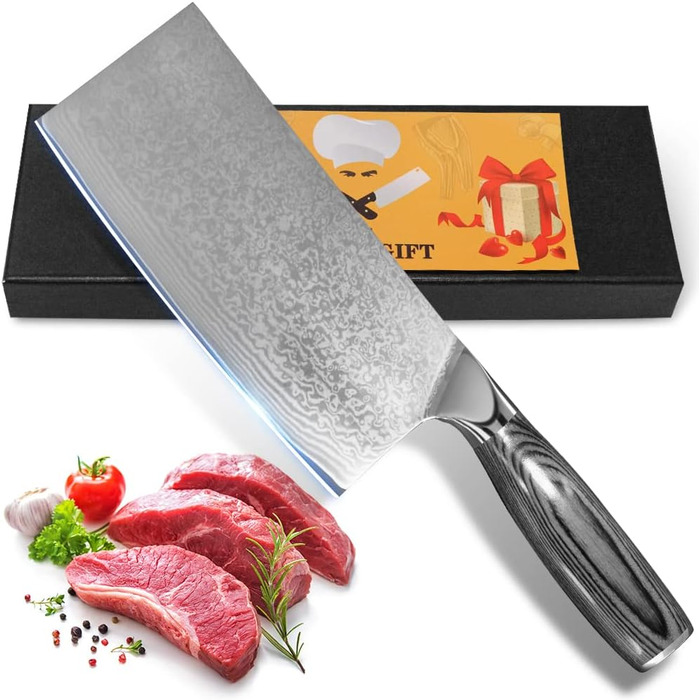 Набір кухонних ножів Damast: професійний ніж для м'яса, ніж шеф-кухаря, ручна робота, з нержавіючої сталі Damast, з антиковзним дерев'яним руків'ям, подарункова коробка